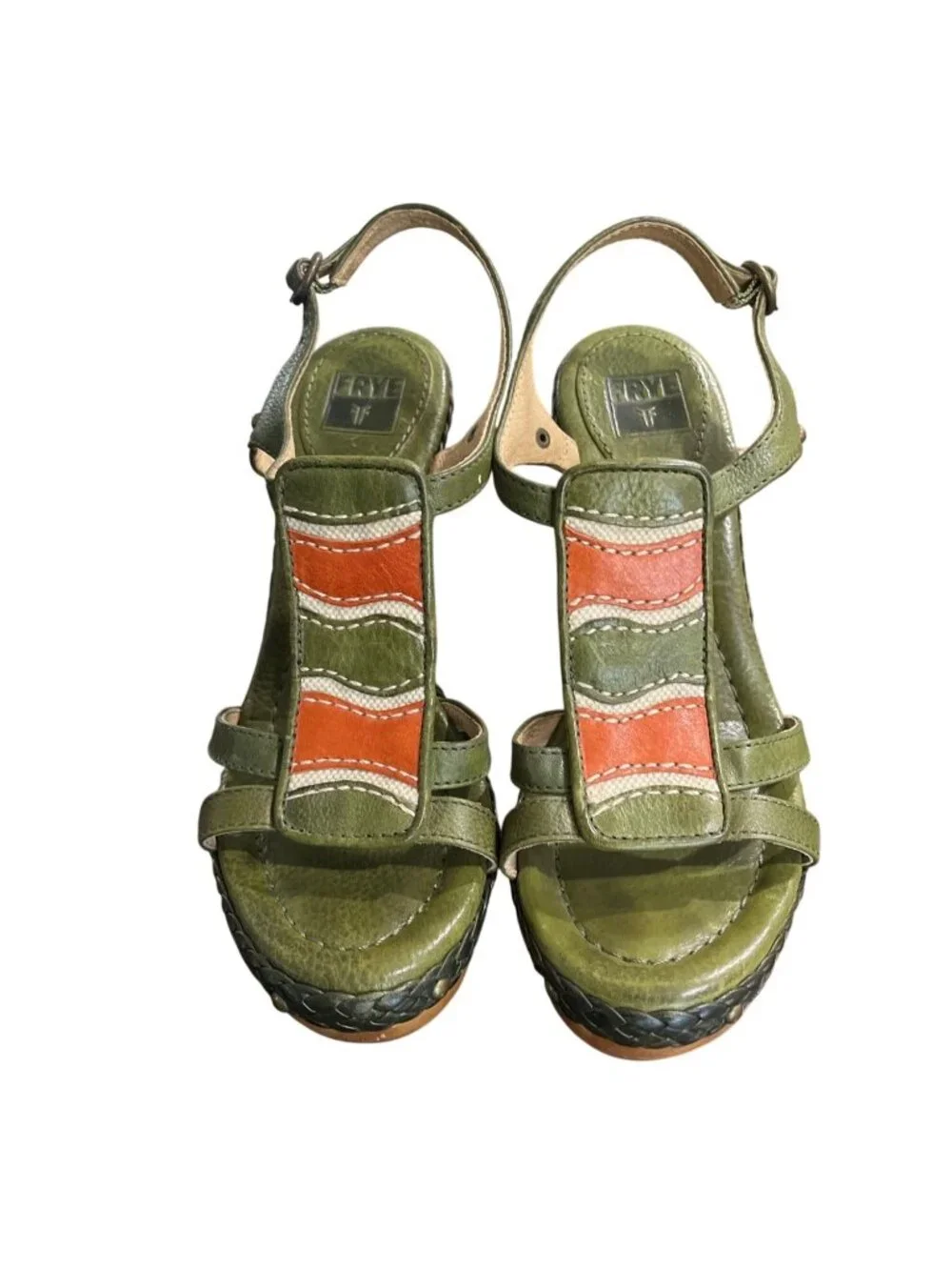 Frye Women Size 6.5 Dara Canvas Leather High Heel Sandals Wood-Heel Green Orange - Picture 4 of 10